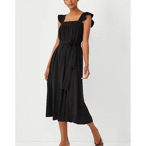 NEW Ann Taylor Dress 4P Petite Ruffle Sleeve Belted Midi Black‎ Stretch 9526
